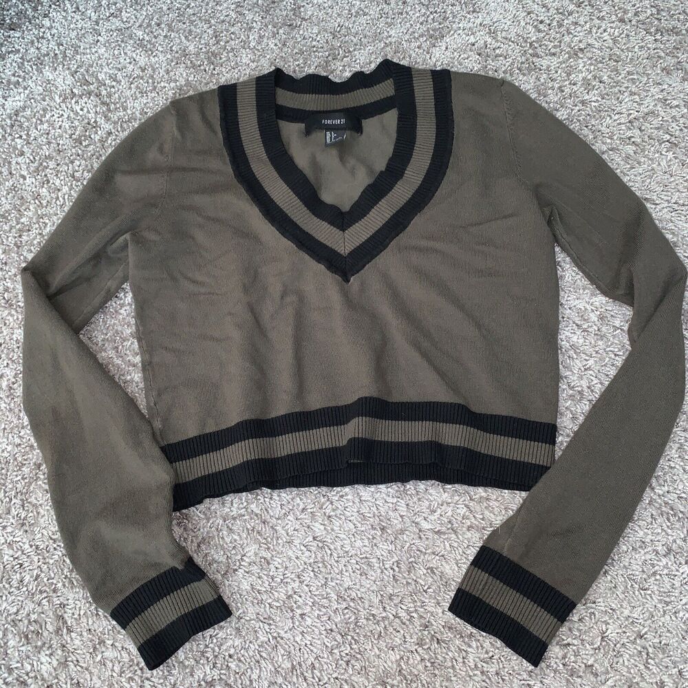 Forever 21 Cropped Green Black‎ Sweater Size Large V Neck
